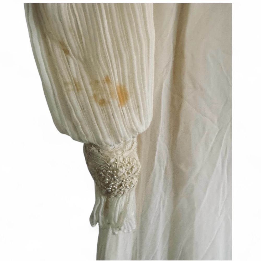 Vintage Victorian Ins Lace Wedding Dress + Veil Pleated Hemline Long Sleeve Gown - Picture 8 of 12